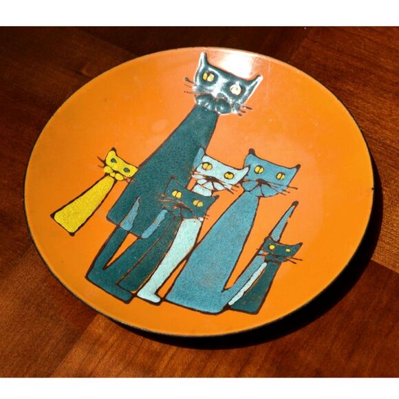 Vintage MCM Enamelware Cat Plate Orange Geometric 1960s Retro Enamel Tray - Picture 3 of 4